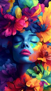 梦幻彩花环绕的唯美脸庞