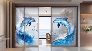 海豚跃浪玻璃门装饰画