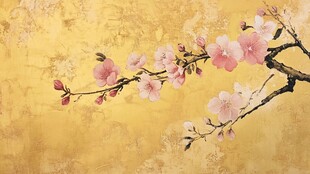 古典金底粉色桃花枝景