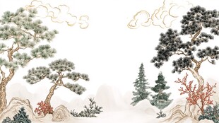 中式山水松景古风插画