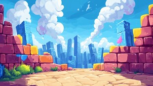 卡通风格城市边的砖石场景