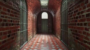 红砖囚室走廊与铁门景象