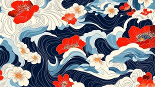 海浪繁花国风图案设计