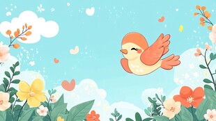 飞翔小鸟与烂漫花丛