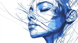 蓝色线条勾勒的女性侧脸