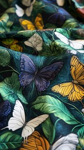 多彩蝴蝶绿叶印花布料