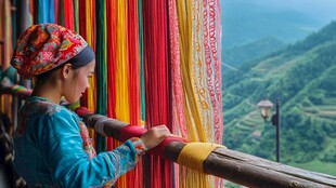 苗家女织彩绸于青山间