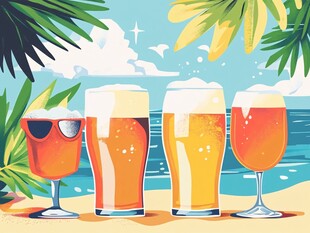 沙滩上的缤纷啤酒与海景