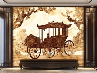 中式古风马车壁画背景墙