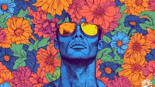 蓝肤人置身绚烂花海