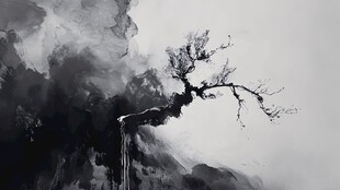水墨孤松傲立悬崖间
