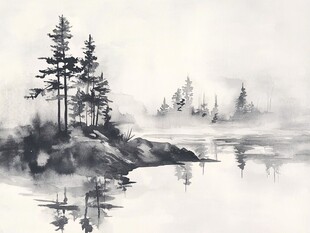 水墨湖畔松林景致