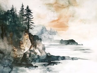 水墨绘就的山林海岸景致