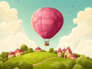 粉色热气球飞过乡村美景