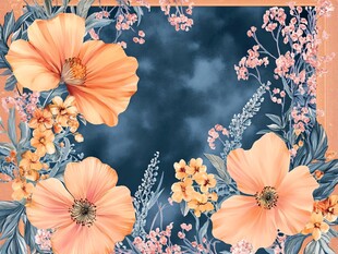 橙花蓝底花卉装饰图案