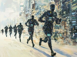 未来城市中的机械人奔跑