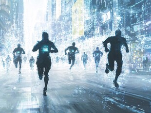 未来都市中的奔跑人群