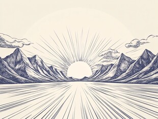 日出山水间手绘风景图