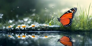 蝴蝶憩于雏菊旁的唯美景象