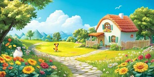 田园小屋旁的童趣风景