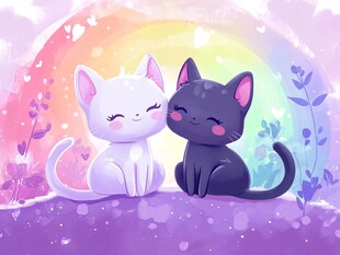 彩虹下亲昵的黑白小猫