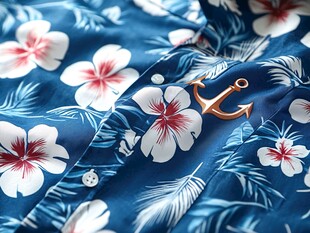 蓝底花卉衬衫配金色船锚