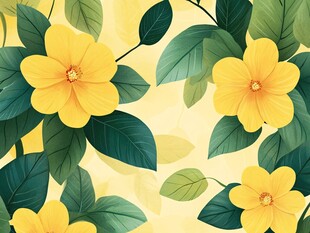 黄色花卉绿叶清新图案