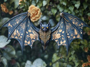 华丽金纹蝙蝠悬于花丛间