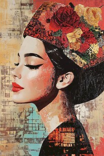 复古花卉头饰女子肖像