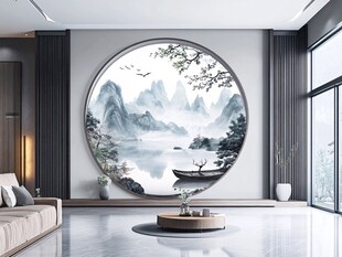 中式客厅圆形山水壁画之美