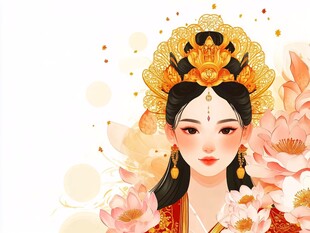 古风美人头戴华丽金冠赏牡丹