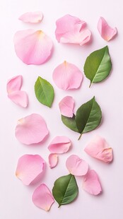 粉色玫瑰花瓣与绿叶散落