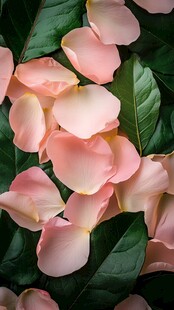 粉色玫瑰花瓣与绿叶交织