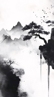 水墨孤松悬绝壁
