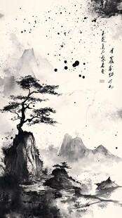 水墨孤松立 山川意境幽