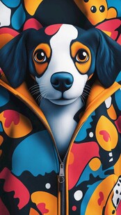 萌犬穿多彩图案连帽衣