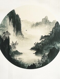 水墨山水圆景图