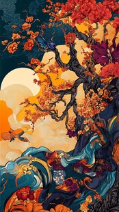 秋日山水间的奇幻树景