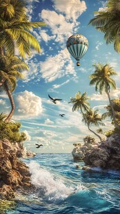 热带海滨热气球梦幻风光