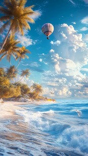 梦幻海滩上的热气球之旅