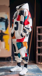 潮流拼色连帽套装穿搭展示