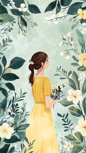 女孩于花丛中手持花束