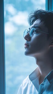 窗边戴眼镜的沉思男子