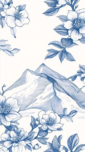 蓝白花卉山峦中式风图案