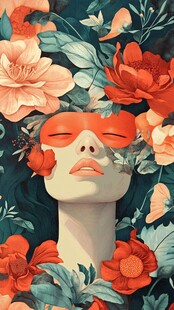花朵簇拥的梦幻闭眼女性