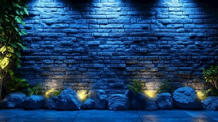 蓝色砖墙夜景绿植灯光美