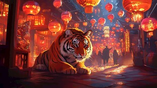 虎年街巷 红灯笼下的虎