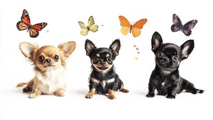 三只吉娃娃与多彩蝴蝶