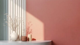 粉色墙边的雅致静物摆件