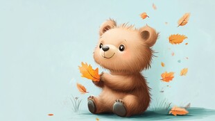 小熊赏秋叶的温馨瞬间